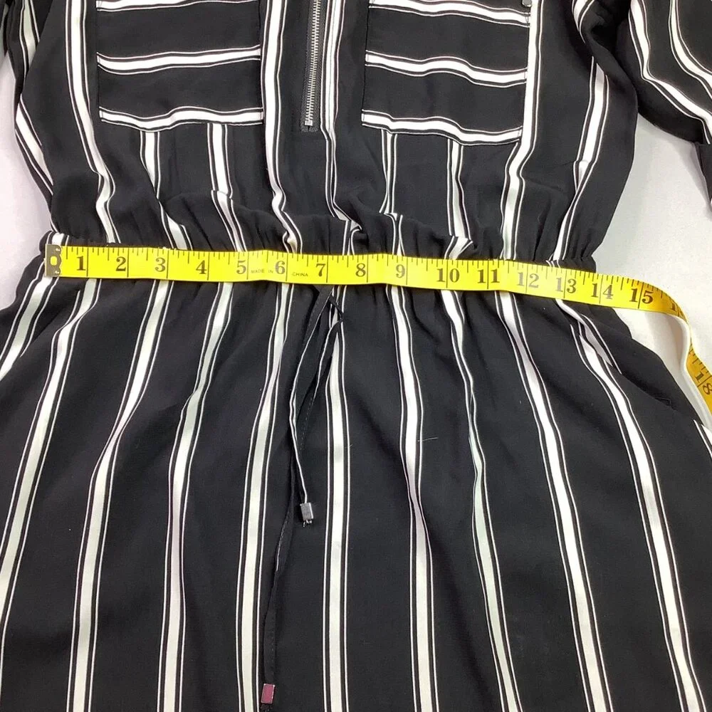 Striped Black & White Midi Dress Roll-Up Sleeves Drawstring Waist Old Money - Picture 3 of 10